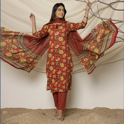 Red Dahlia Floral Printed Cotton Suit