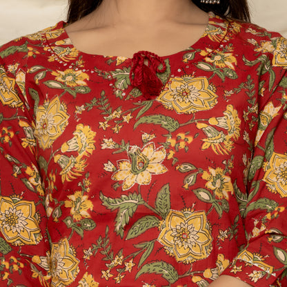 Red Dahlia Floral Printed Cotton Suit