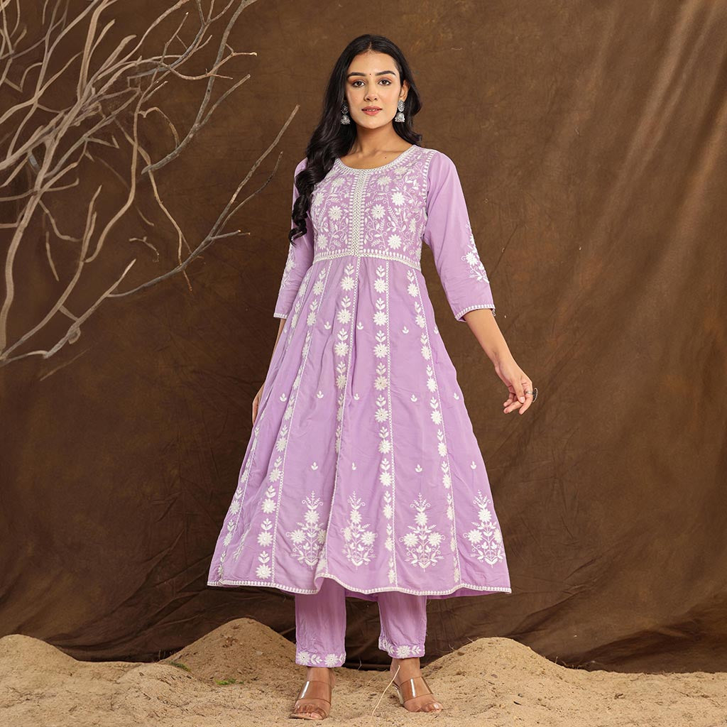 Pretty Lilac Embroidered Anarkali Cotton Suit