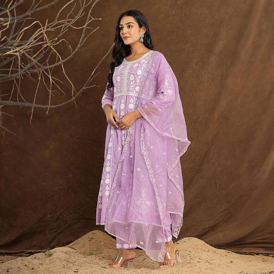 Pretty Lilac Embroidered Anarkali Cotton Suit