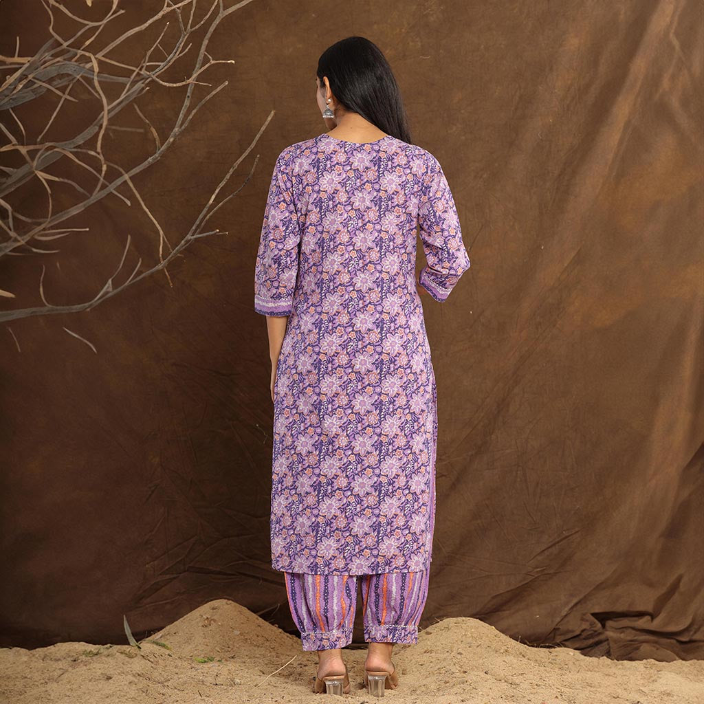 Lavender Flower Printed Afghani Cotton Suit
