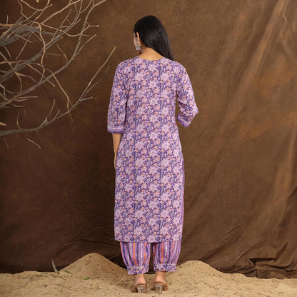 Lavender Flower Printed Afghani Cotton Suit