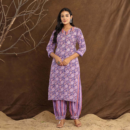 Lavender Flower Printed Afghani Cotton Suit