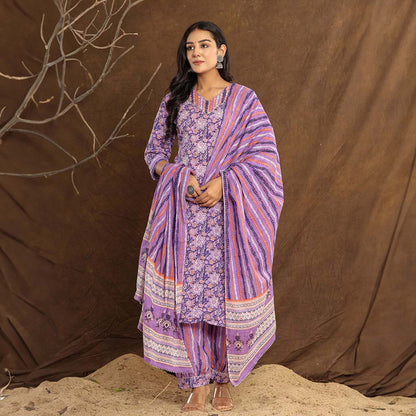 Lavender Flower Printed Afghani Cotton Suit