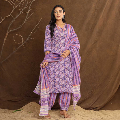 Lavender Flower Printed Afghani Cotton Suit