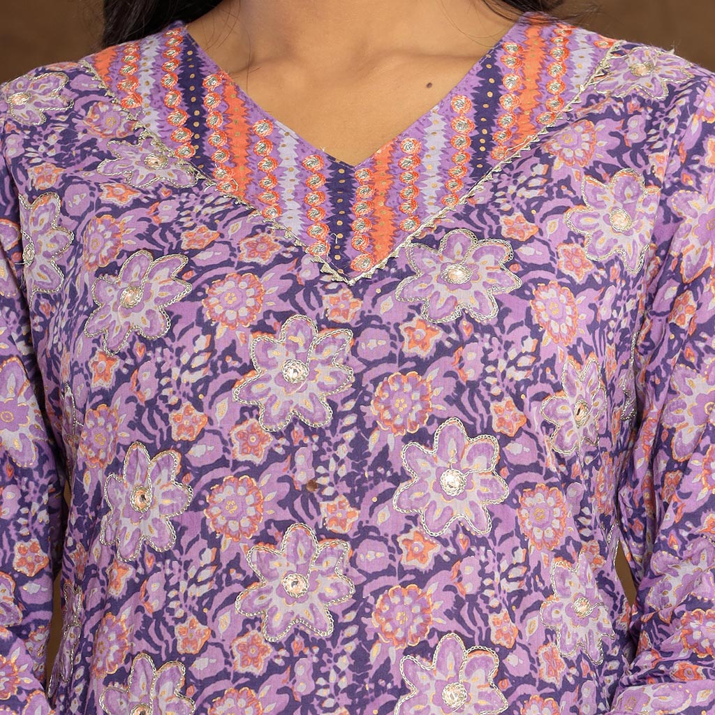 Lavender Flower Printed Afghani Cotton Suit