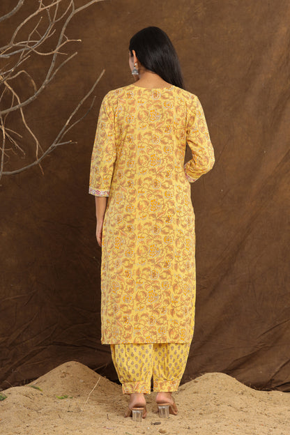 Classic Yellow Flower Printed Afghani Cotton Suit