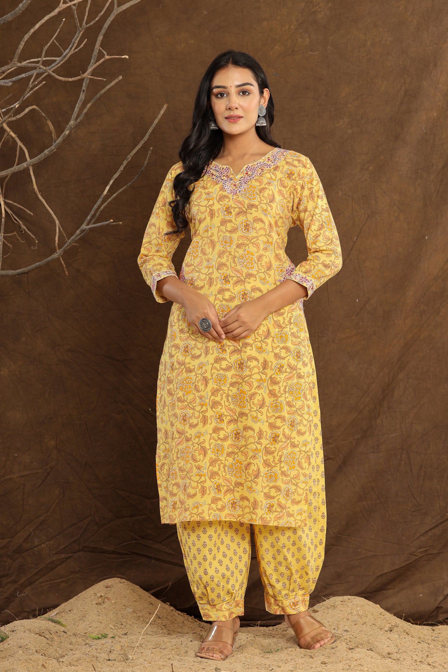 Classic Yellow Flower Printed Afghani Cotton Suit