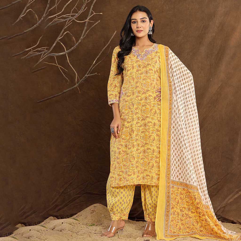 Classic Yellow Flower Printed Afghani Cotton Suit