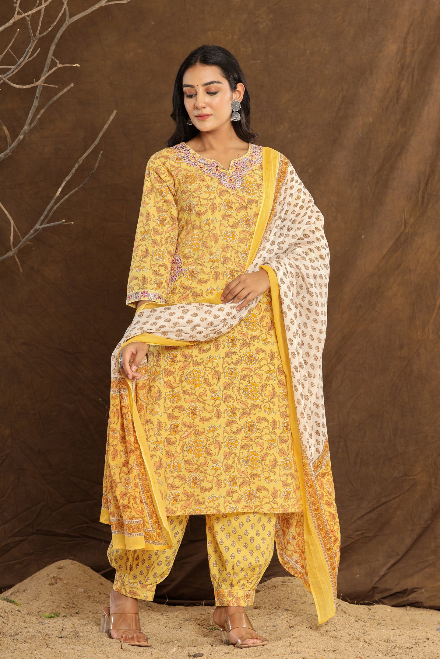 Classic Yellow Flower Printed Afghani Cotton Suit