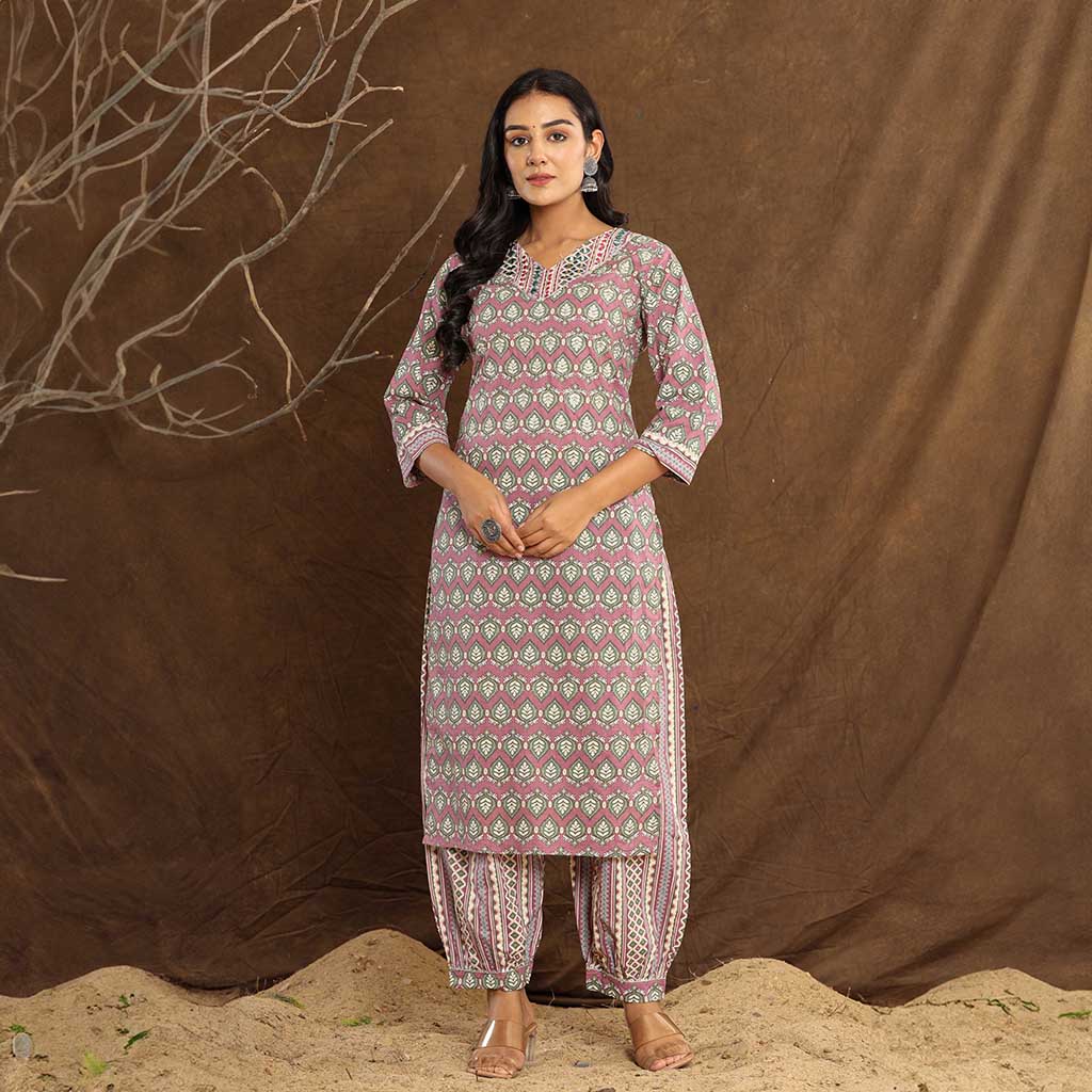 Light Plum Leaf Printed Afghani Cotton Suit