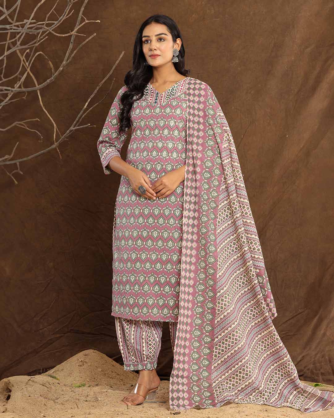 Light Plum Leaf Printed Afghani Cotton Suit