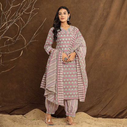 Light Plum Leaf Printed Afghani Cotton Suit