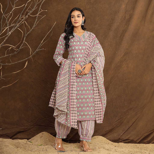 Light Plum Leaf Printed Afghani Cotton Suit by Cottons Daily, featuring a beautifully embroidered V-neck kurta with gotta patti foil work, paired with Afghani-style cotton pants and a printed dupatta.
