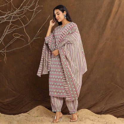 Light Plum Leaf Printed Afghani Cotton Suit