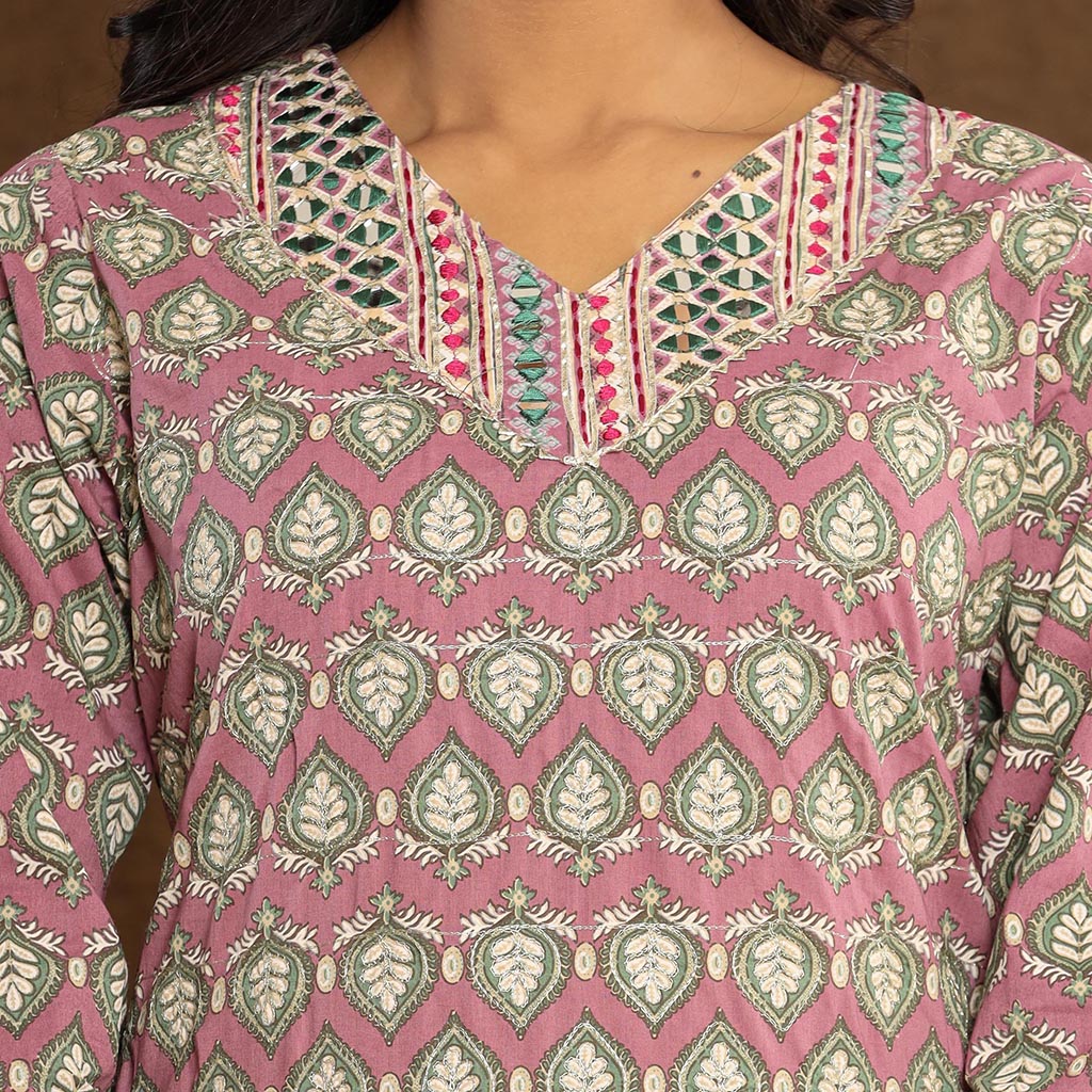 Light Plum Leaf Printed Afghani Cotton Suit