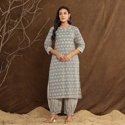 Teal Leaf Printed Afghani Cotton Suit