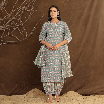 Teal Leaf Printed Afghani Cotton Suit