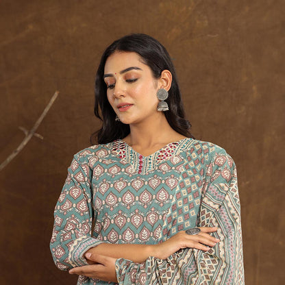 Close-up of the V-neckline on the Teal Leaf Printed Afghani Cotton Suit's kurta, showcasing detailed embroidery and foil accents, highlighting the craftsmanship of Cottons Daily.