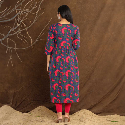 Stunning  Dark Pink Block Print on Navy Blue  Anarkali Cotton Printed Kurta