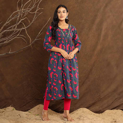 Stunning  Dark Pink Block Print on Navy Blue  Anarkali Cotton Printed Kurta