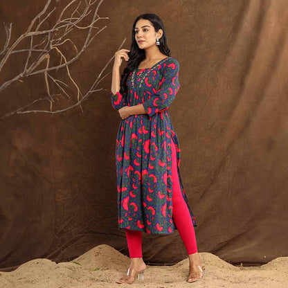 Stunning  Dark Pink Block Print on Navy Blue  Anarkali Cotton Printed Kurta