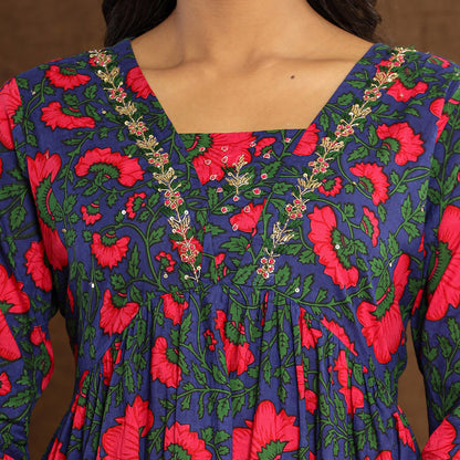 Stunning  Dark Pink Block Print on Navy Blue  Anarkali Cotton Printed Kurta