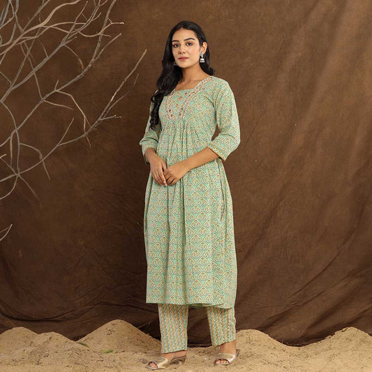 Pastel Green Mirror work Printed Cotton Kurta set