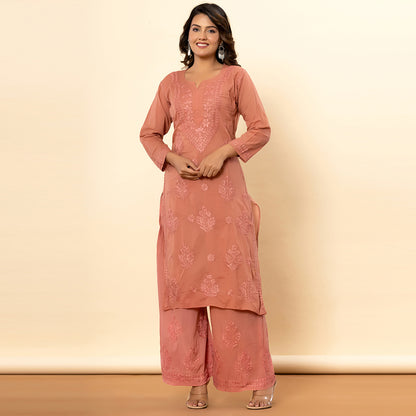 Chestnut  Brown Hand-Chikankari Cotton Co-ord Set