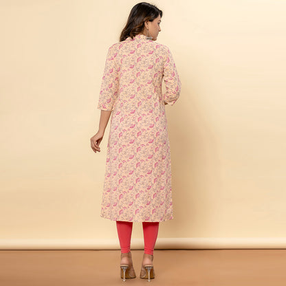 Light Peach Printed Cotton Kurta