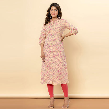 Light Peach Printed Cotton Kurta