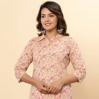 Light Peach Printed Cotton Kurta