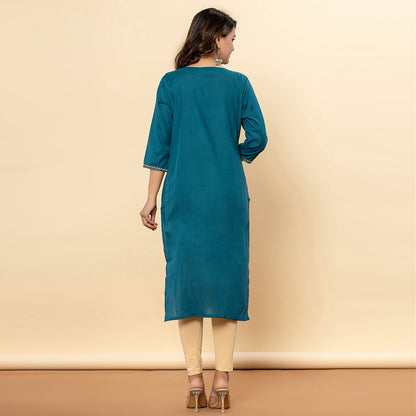 Dark Teal Embroidered Solid Striaght Cotton Kurta