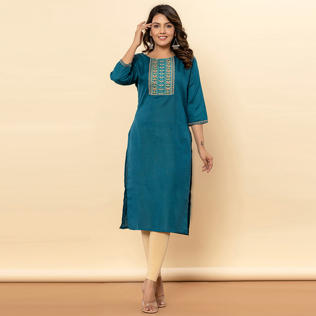 Dark Teal Embroidered Solid Striaght Cotton Kurta