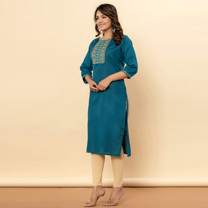 Dark Teal Embroidered Solid Striaght Cotton Kurta