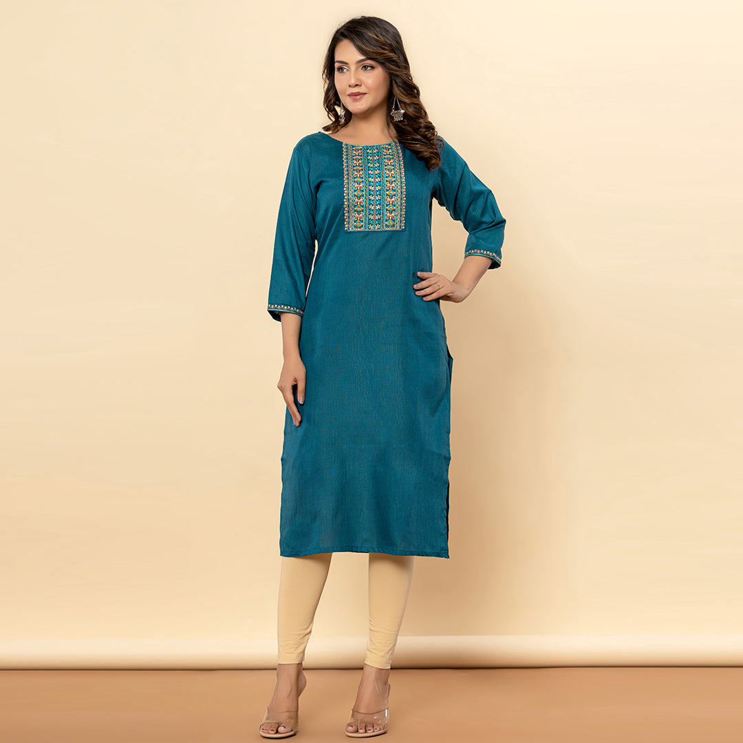 Dark Teal Embroidered Solid Striaght Cotton Kurta