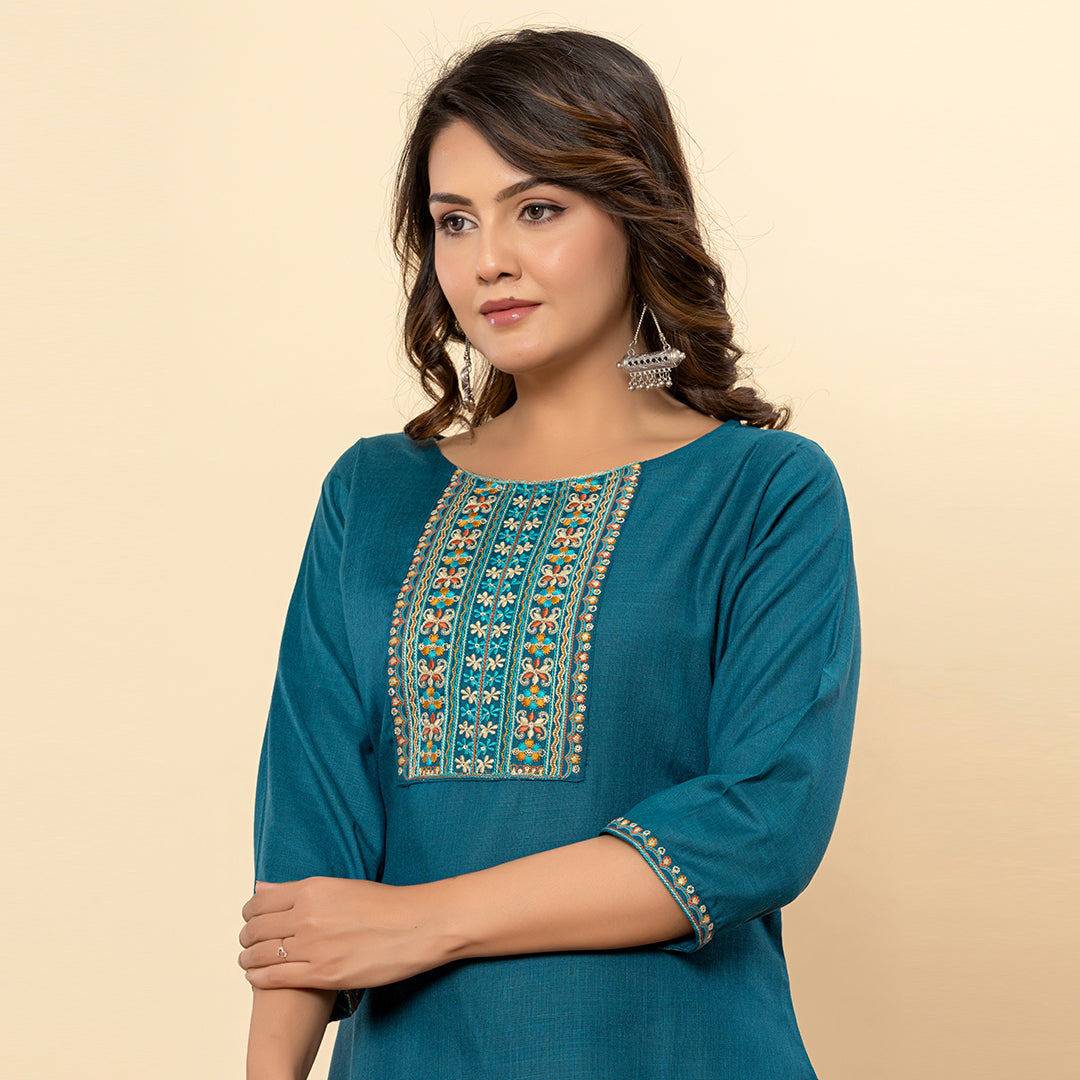 Dark Teal Embroidered Solid Striaght Cotton Kurta