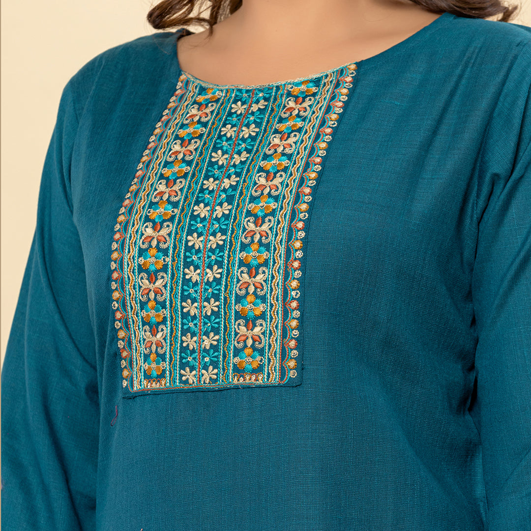 Dark Teal Embroidered Solid Striaght Cotton Kurta