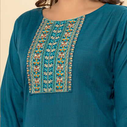 Dark Teal Embroidered Solid Striaght Cotton Kurta