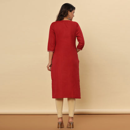 Red Embroidered Solid Straight Cotton Kurta