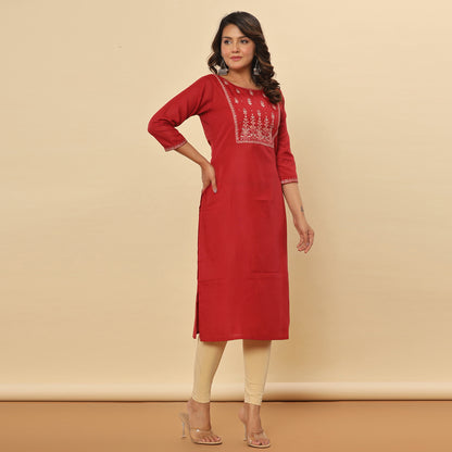 Red Embroidered Solid Straight Cotton Kurta