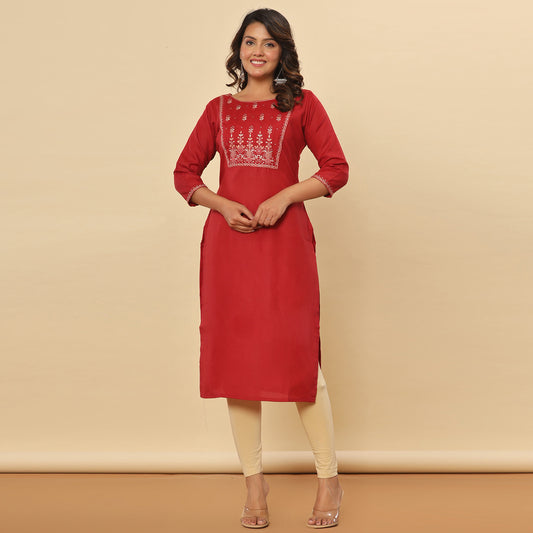 Red Embroidered Solid Straight Cotton Kurta