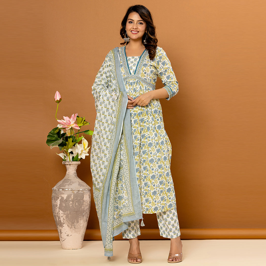 Floral White Alia Style Cotton Suit