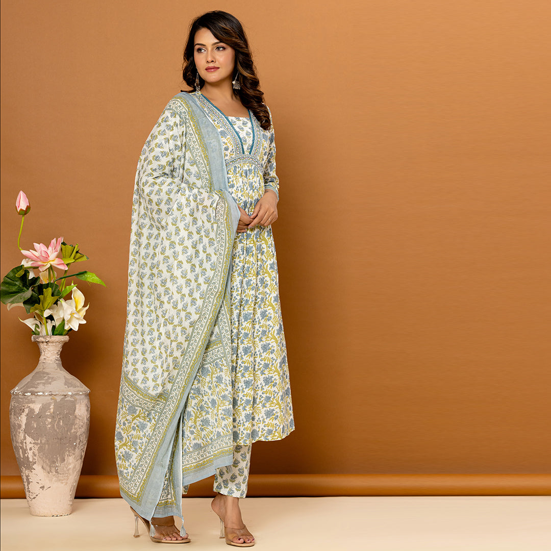 Floral White Alia Style Cotton Suit