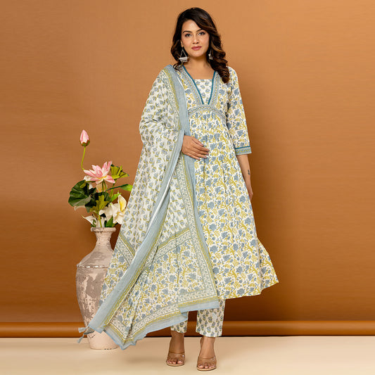 Floral White Alia Style Cotton Suit