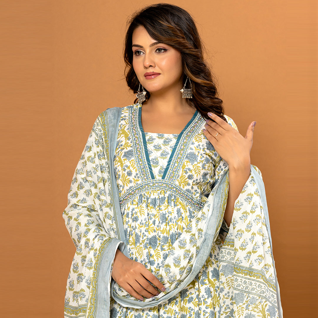 Floral White Alia Style Cotton Suit