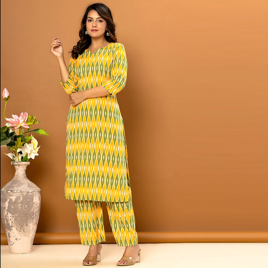 Yellow Olive Ikkat Kurta Pant Co-ord Set