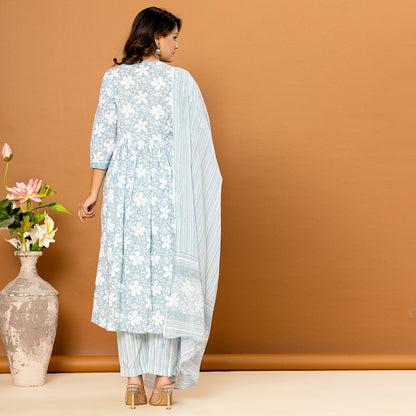 Light Blue Floral Printed Cotton Suit