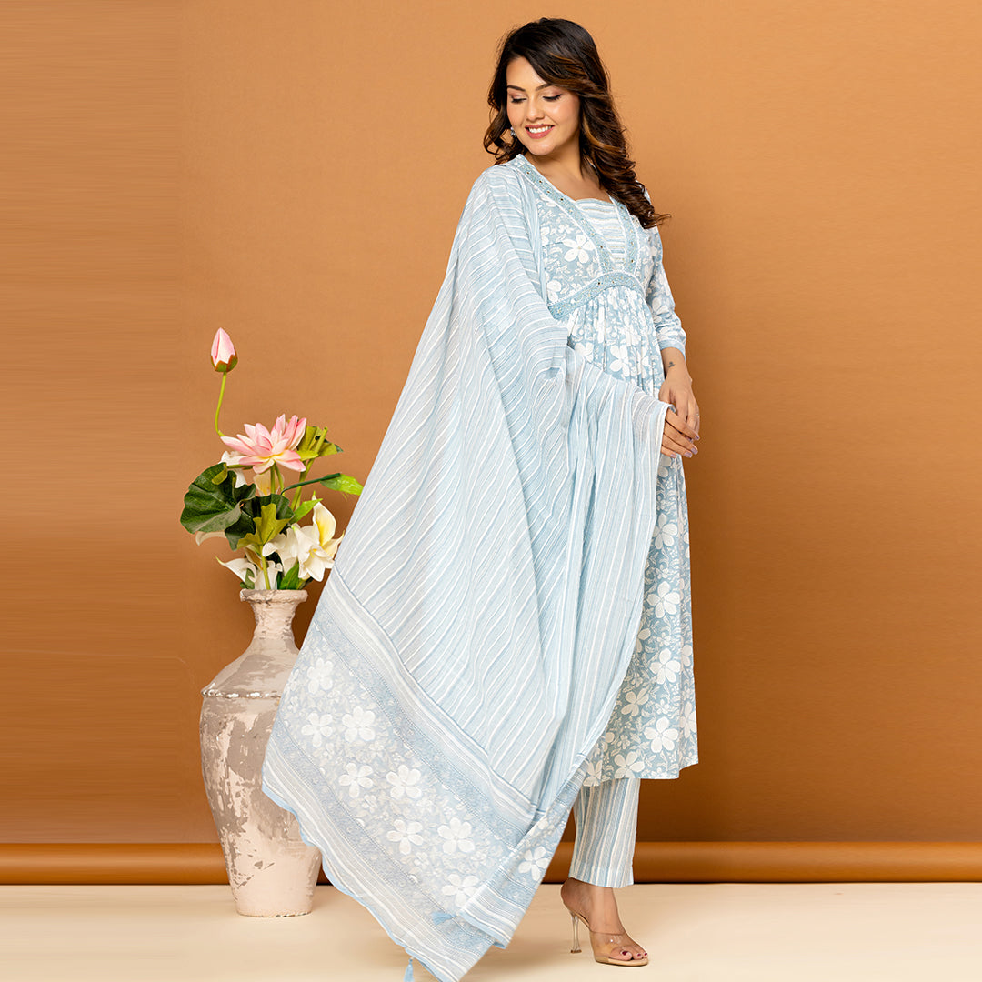 Light Blue Floral Printed Cotton Suit