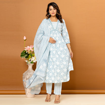 Light Blue Floral Printed Cotton Suit